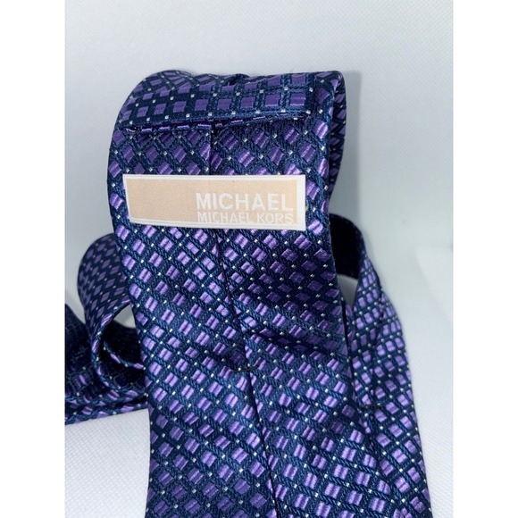 Michael Kors Mens Purple Navy Blue Geometric Square Silk Necktie Accessory - Picture 5 of 7